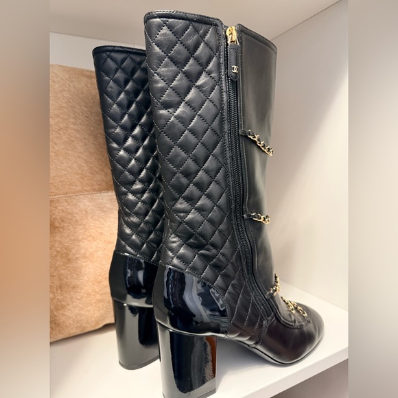 CHANEL Black Boots with Gold Chain Accents - Picture 3 of 8